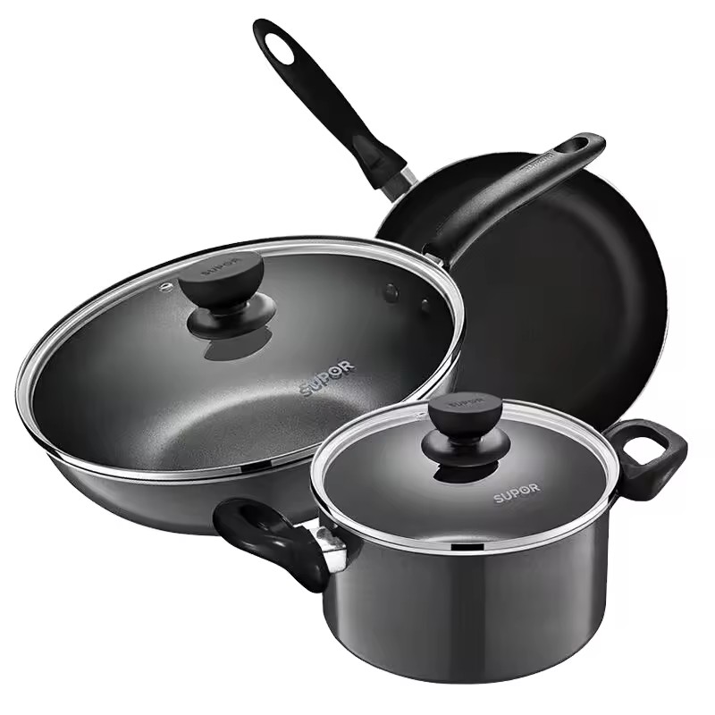 Pota teaglaim neamh-bata pota trí phíosa atá leagtha pota tí wok pan cookware cócaireán ionduchtaithe uilíoch